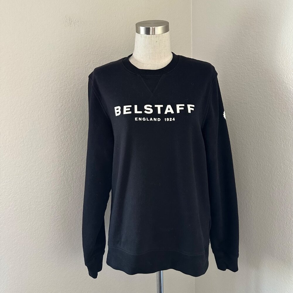 Belstaff Cotton Crew Neck Sweatshirt Logo White Graphic Print Minimalist Black S